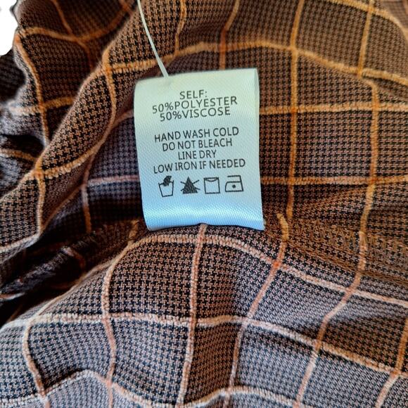 Lalavon Brown & Caramel Check Pattern Mini Dress Peasant Sleeves L - Picture 9 of 12